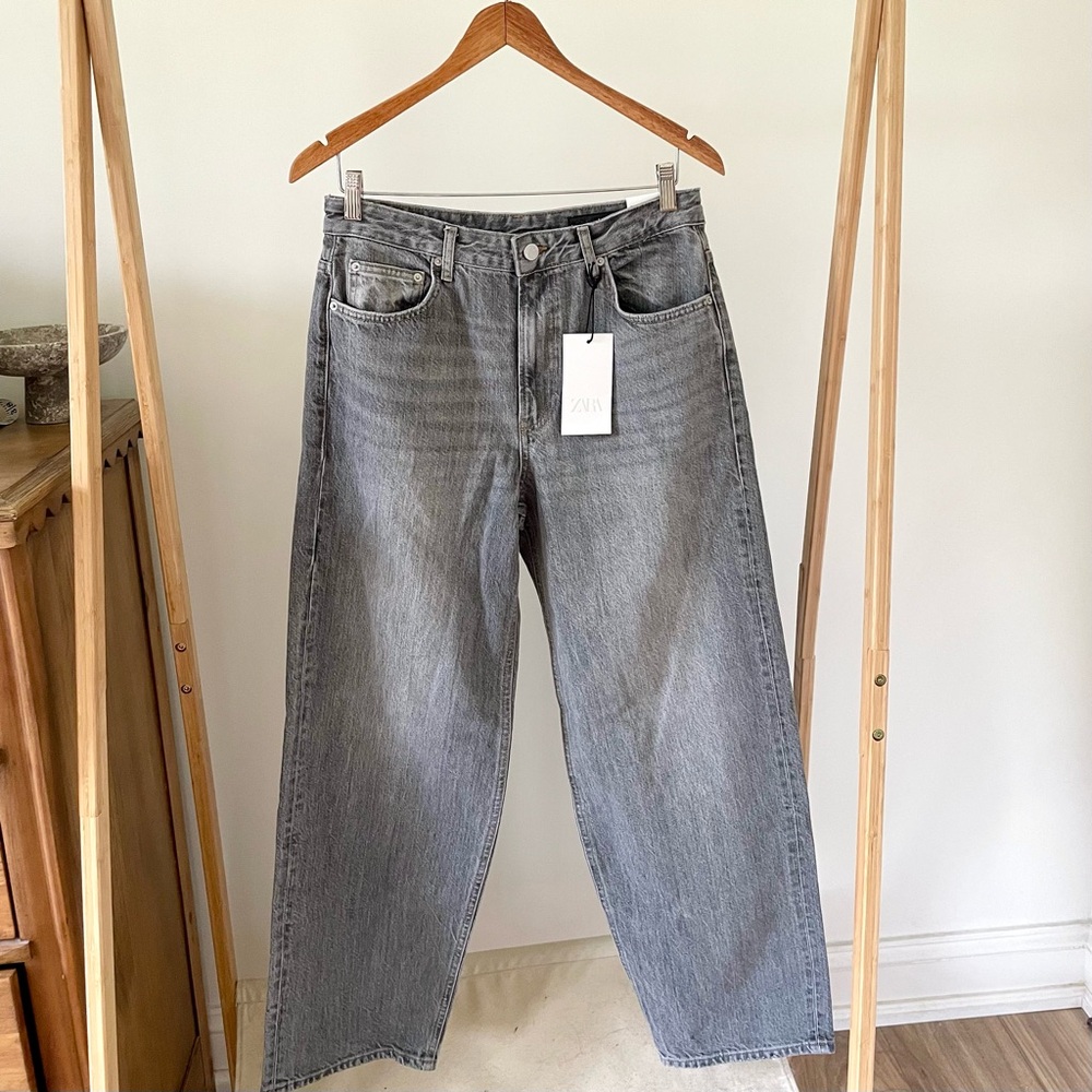 NWT Zara Mid Rise Baggy Wide Leg Jeans in Gray - 4